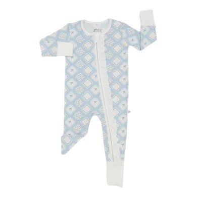 Quilted Bow Patch Ruffle Double Zipper Romper