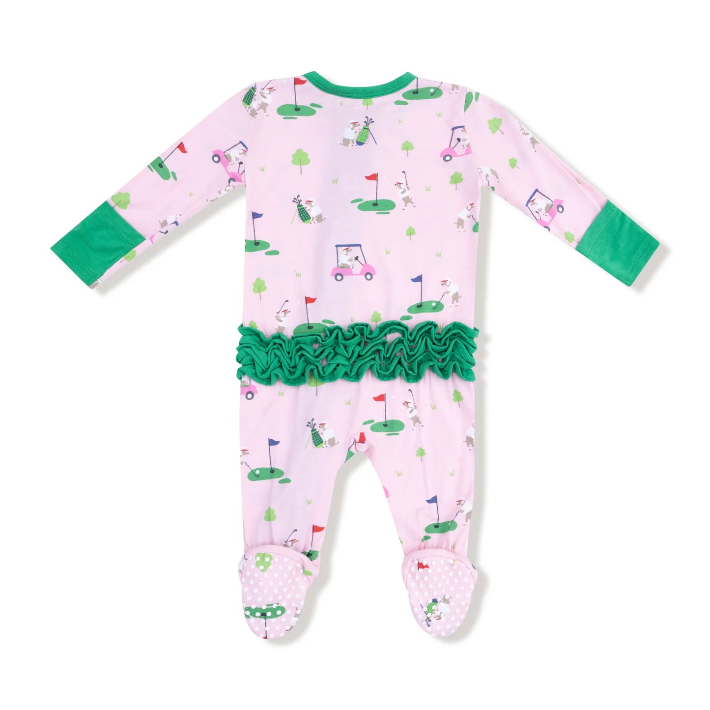 Dog Gone Golf Pink 2 Way Ruffle Back Zipper Footie