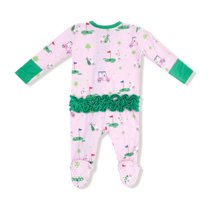 Dog Gone Golf Pink 2 Way Ruffle Back Zipper Footie
