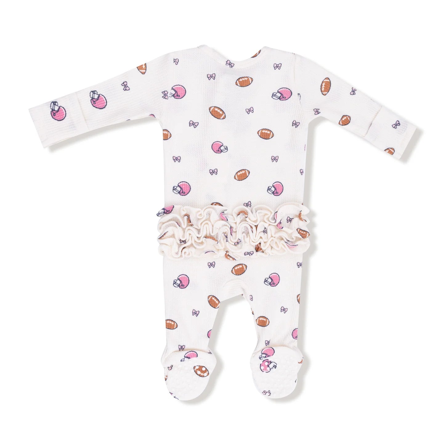 Football and Bows 2 Way Ruffle Back Zipper Footie