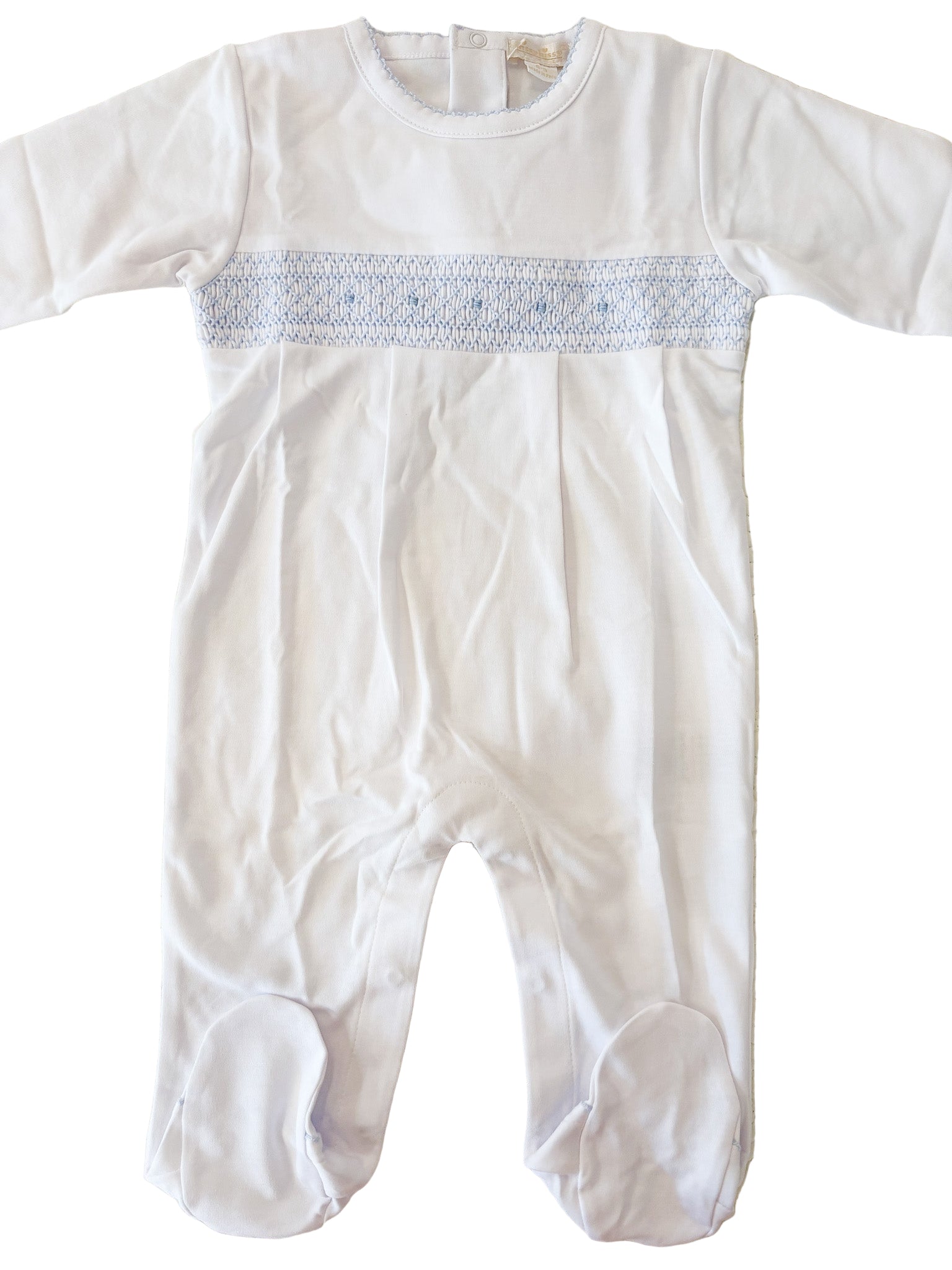 Smocked White Footie with Blue Trim