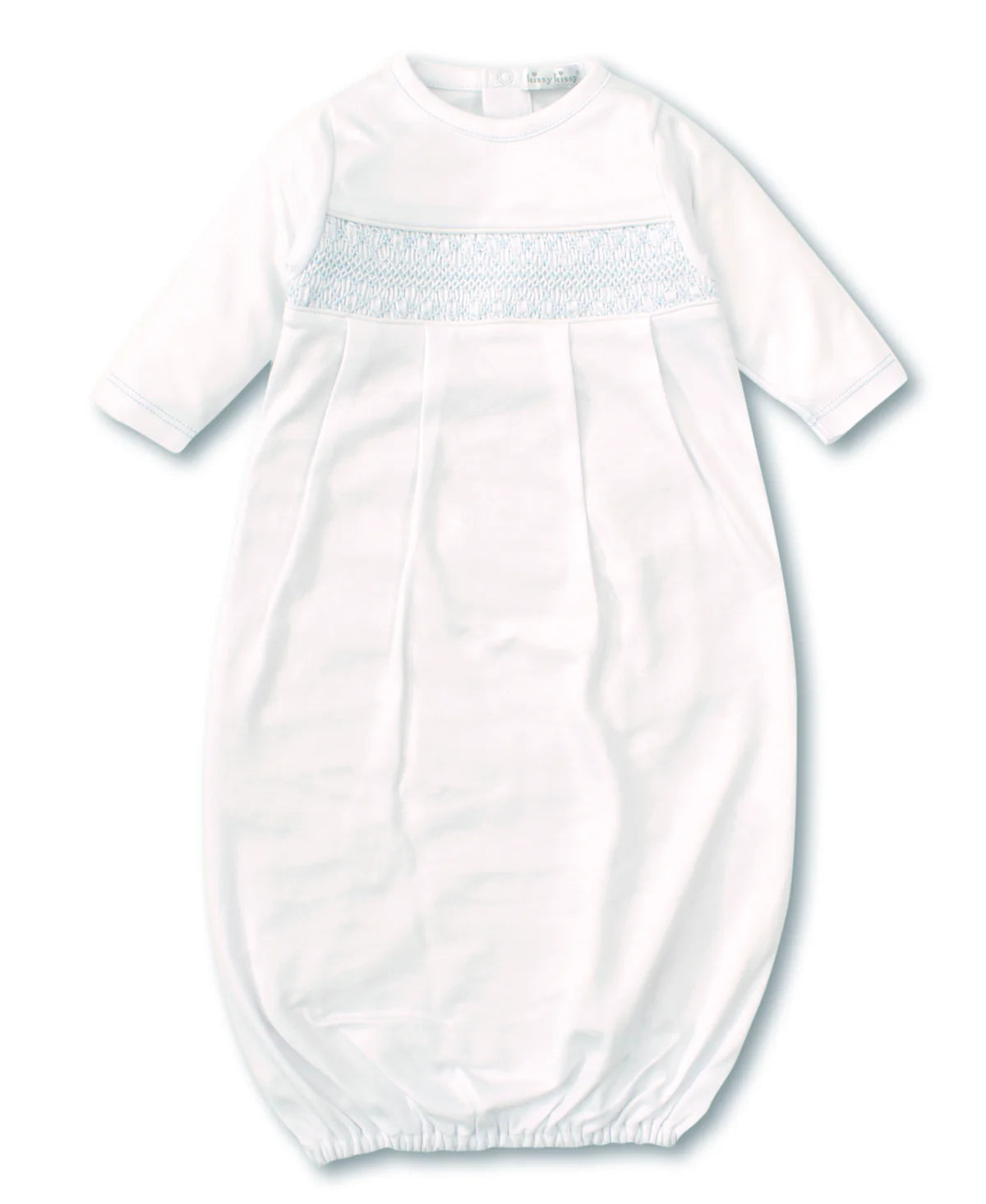 Smocked White Sack Gown-Blue Trim