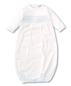 Smocked White Sack Gown-Blue Trim