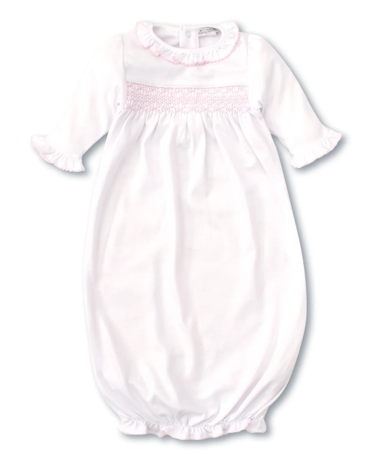 Smocked White Sack Gown-Pink Trim