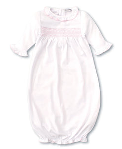 Smocked White Sack Gown-Pink Trim