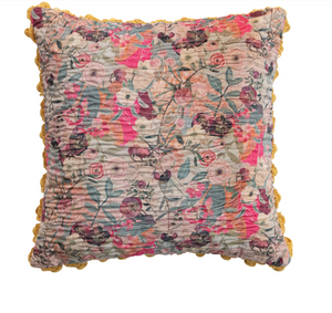 Square Velvet Pillow with Hand-Embroidered Kantha Stitch
