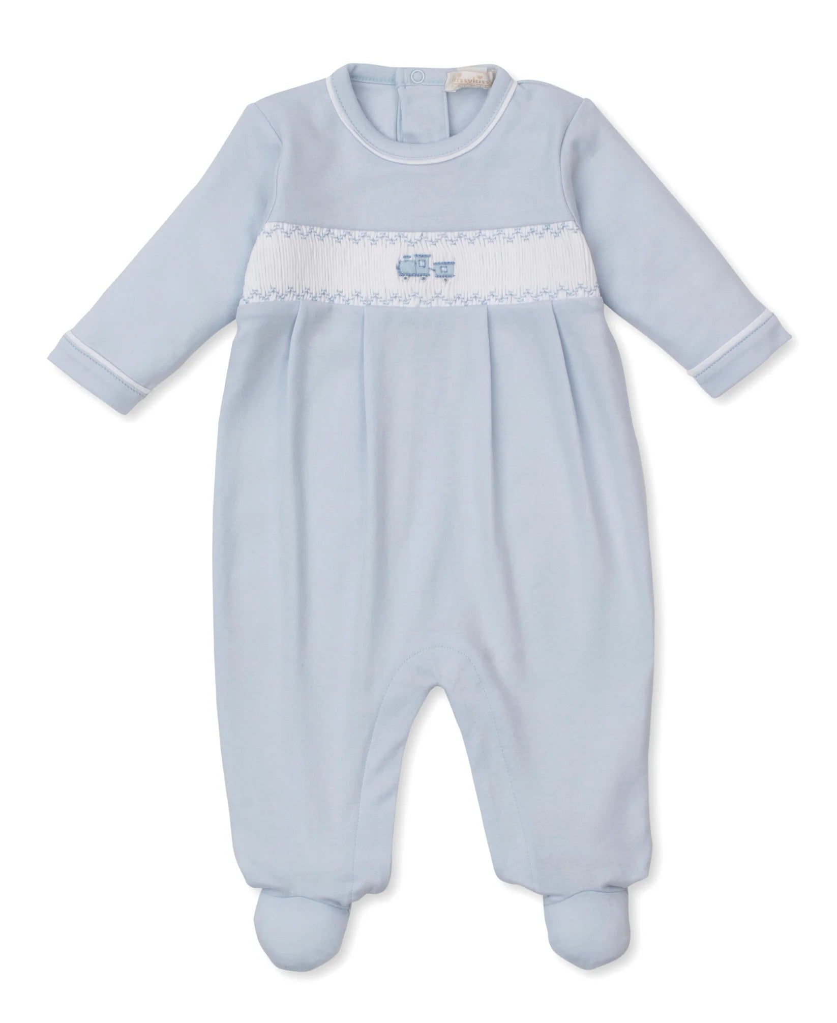 Smocked Blue Footie with Train