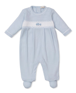 Smocked Blue Footie with Train
