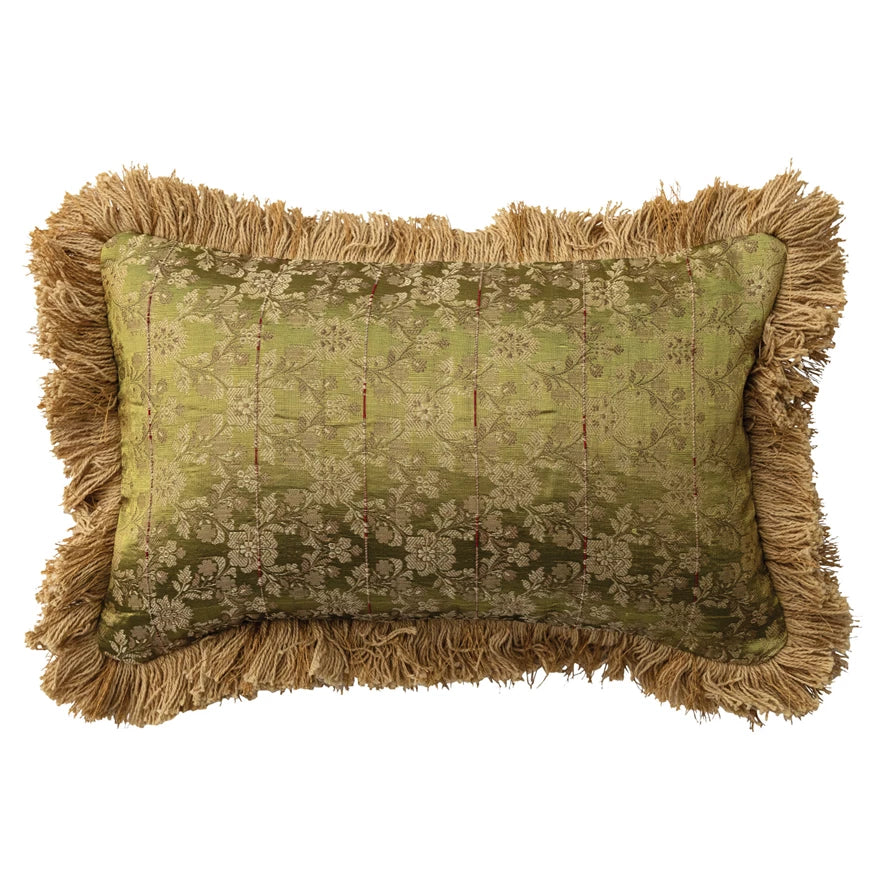 Lumbar Pillow with Brocade Pattern & Fringe