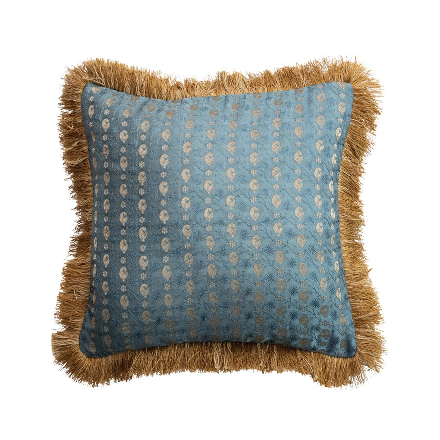 Square Pillow with Brocade Pattern & Eyelash Fringe