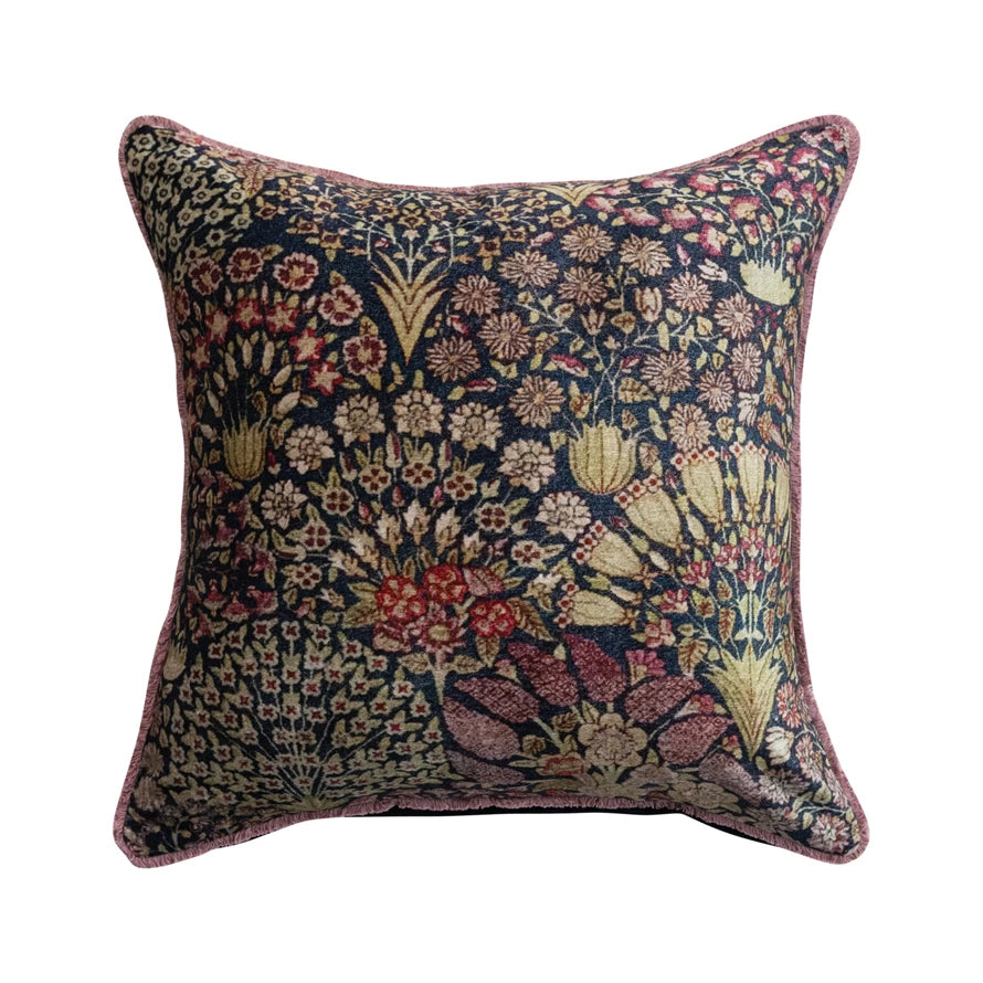 Velvet Printed Square Pillow with Botanical Pattern