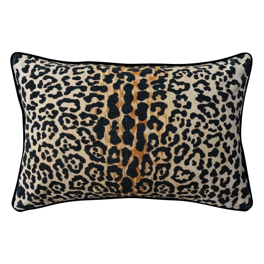 Lumbar Velvet Pillow with Leopard Print & Piping