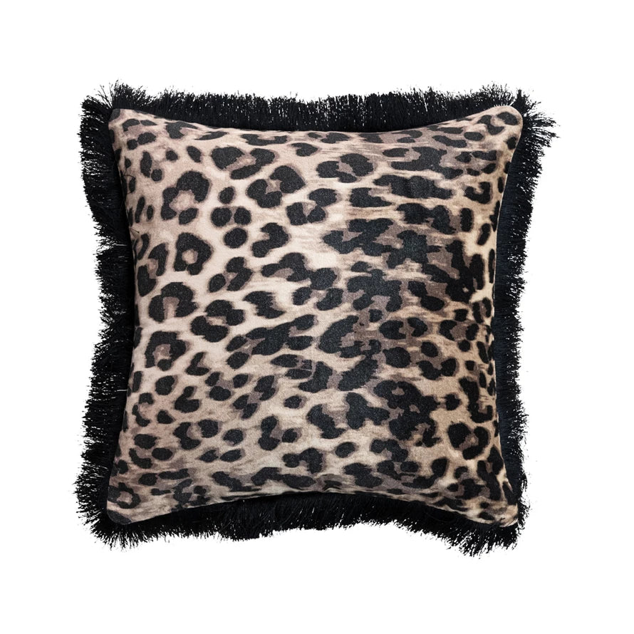 Square Velvet Printed Pillow with Leopard Print & Fringe