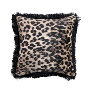 Square Velvet Printed Pillow with Leopard Print & Fringe