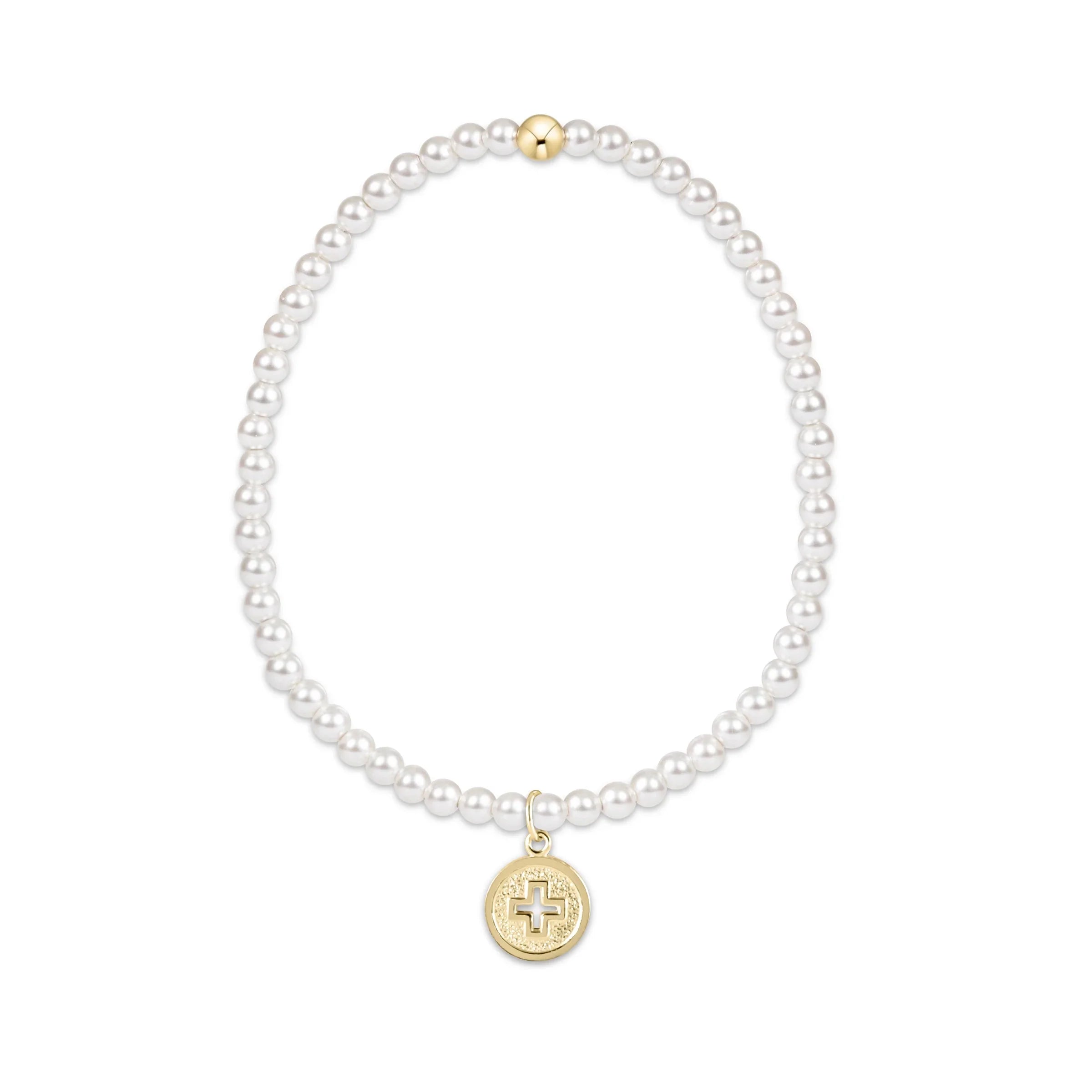 Signature Cross Disc Gold Bead Bracelet- Pearl
