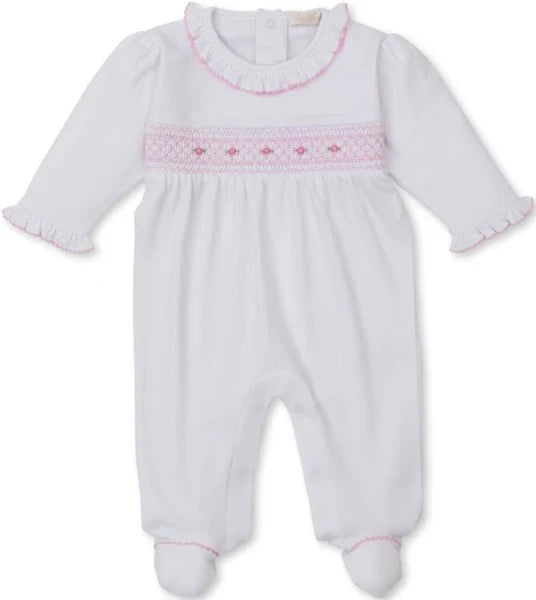 Smocked White Footie with Rosettes