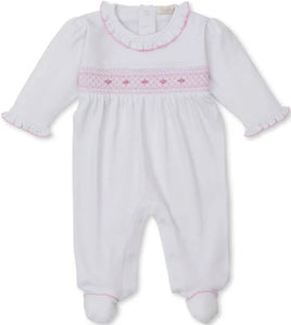 Smocked White Footie with Rosettes