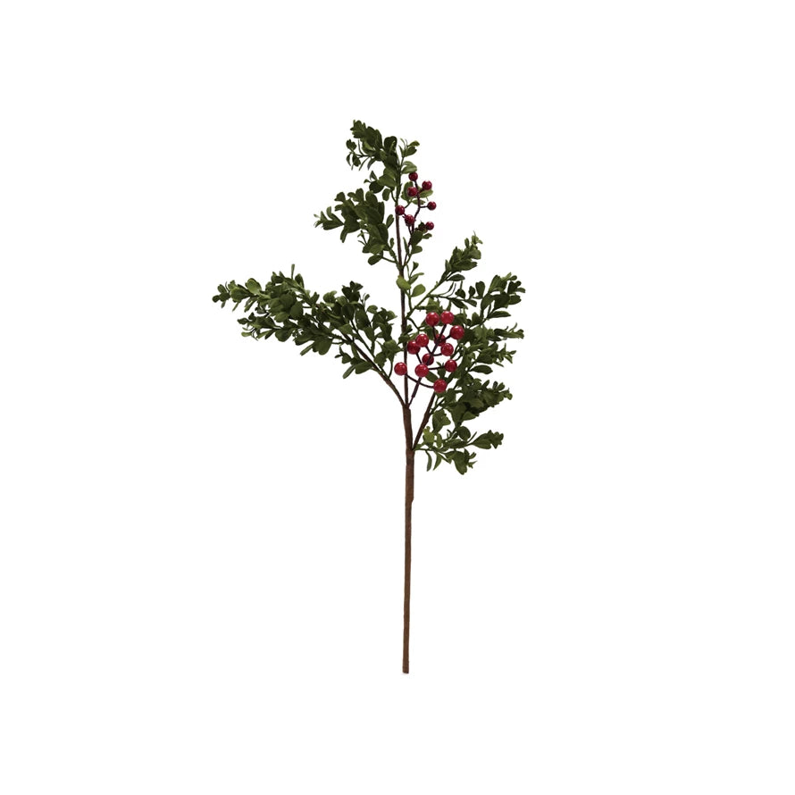 Faux Boxwood Stem with Red Berries