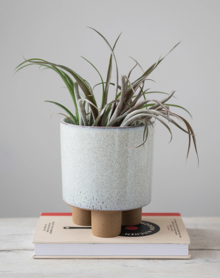 Round White Stoneware Footed Planter