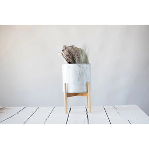 White Marble Stoneware Planter with Wood Stand