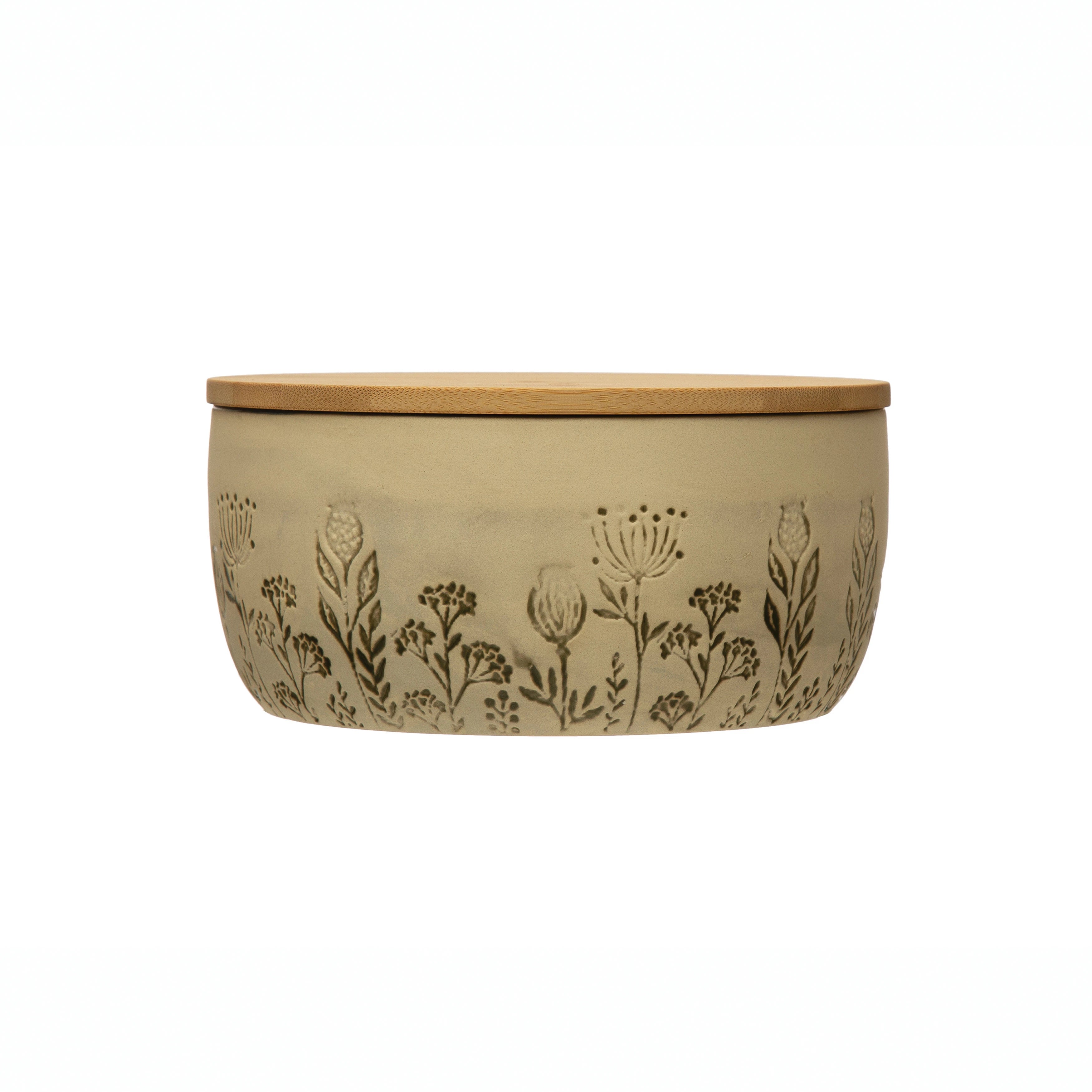 Stoneware Floral Canister with Bamboo Lid