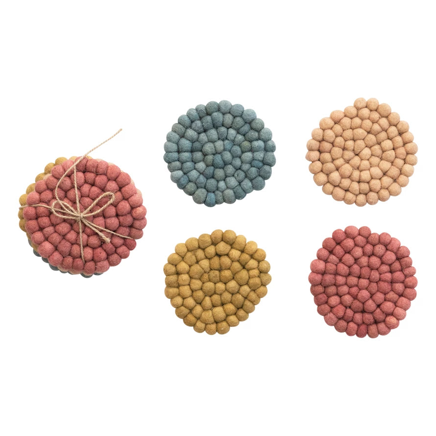 Round Wool Felt Ball Coaster Set